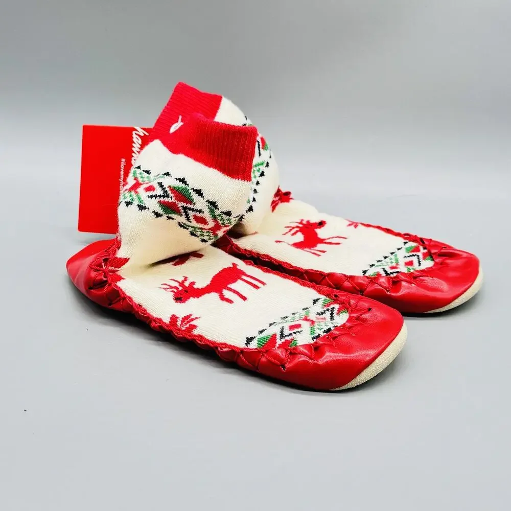 Hanna Andersson Shoes Girl 1Y Red Sock Knit Christmas Fair Isle Moccasin Slipper
